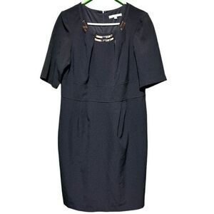 Studio One NY Women's Scoop Neck Gold‎ Accent Pleated Pencil Dress Size 14 Black